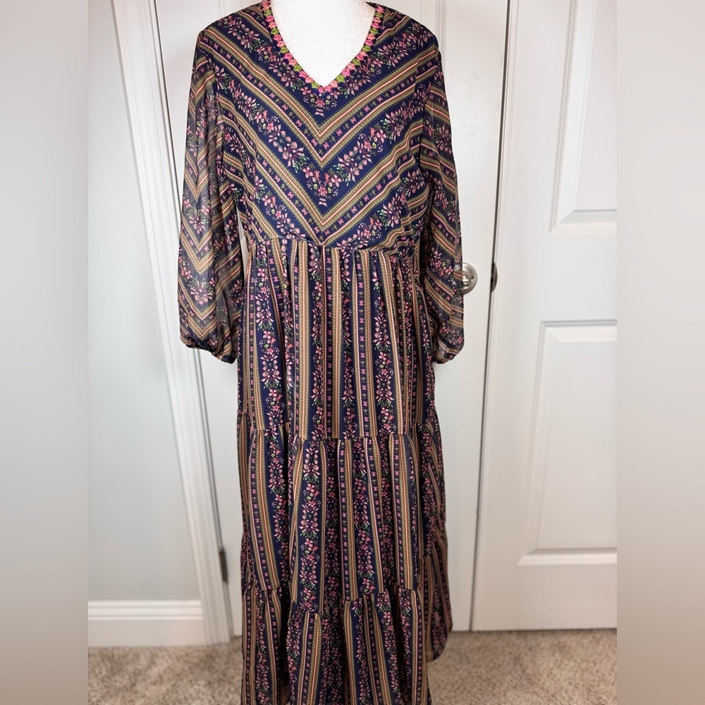 Anora Boho Peasant Maxi Dress L Floral Tiered Cottagecore India